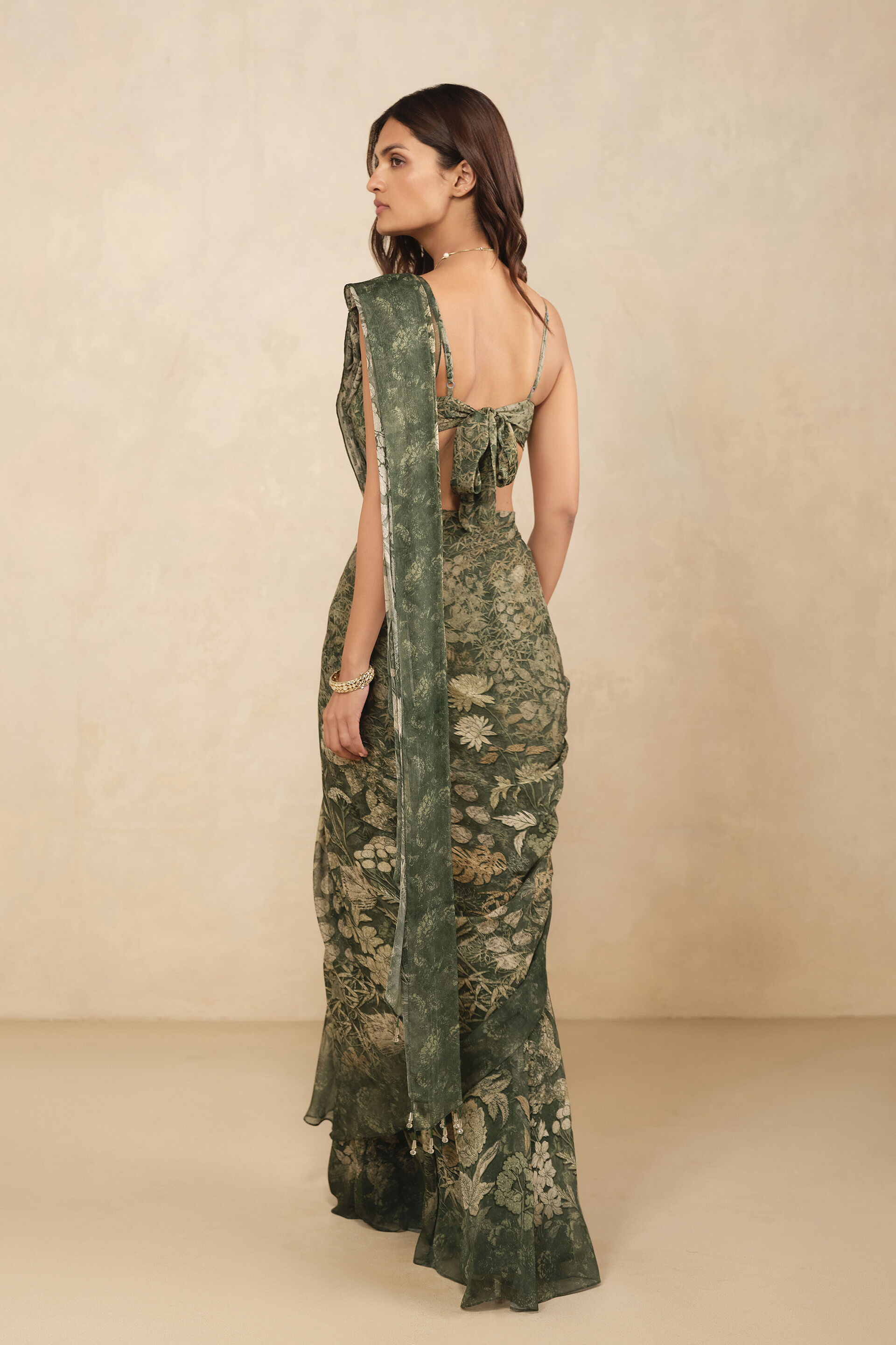 Esma Chiffon Pre-draped Saree - Green